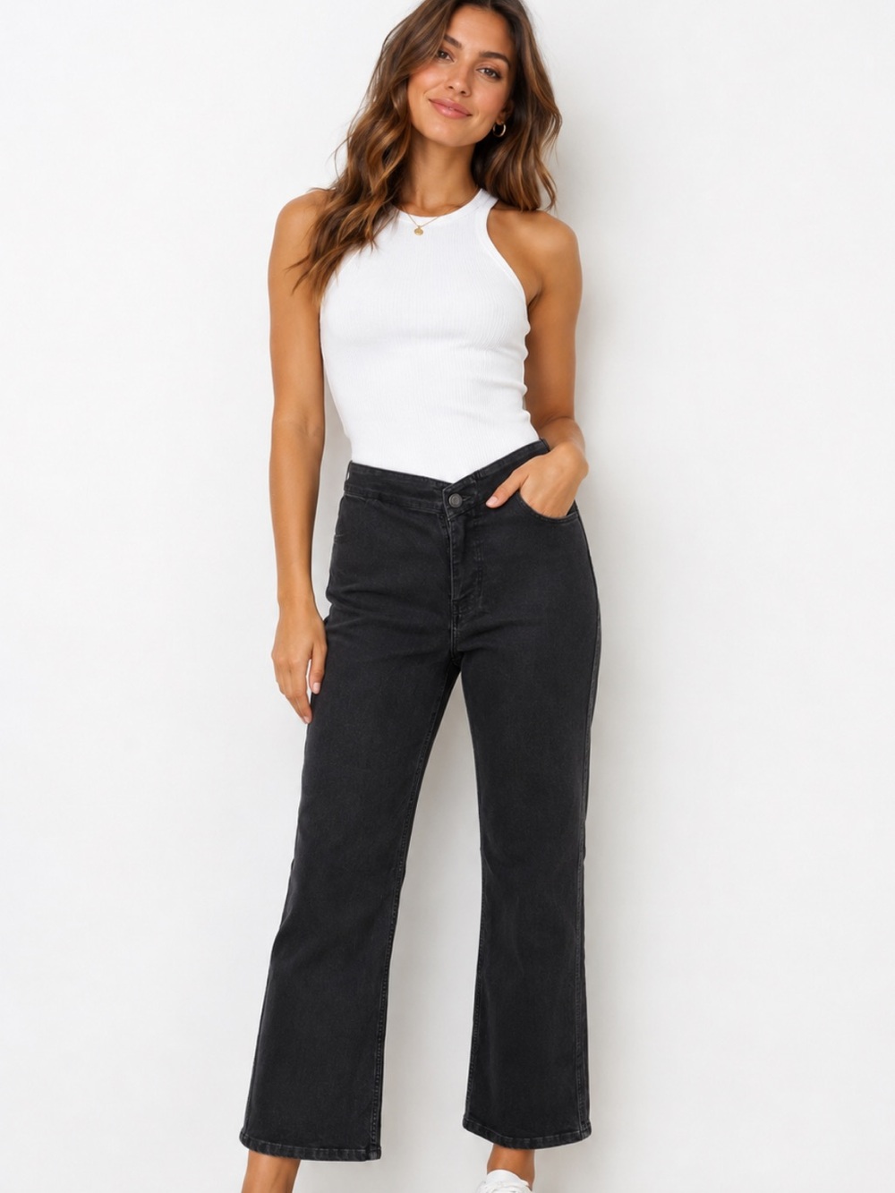 We The Free Libre Washed Black Cross Front V-Waist Wide Leg Denim Pants 27